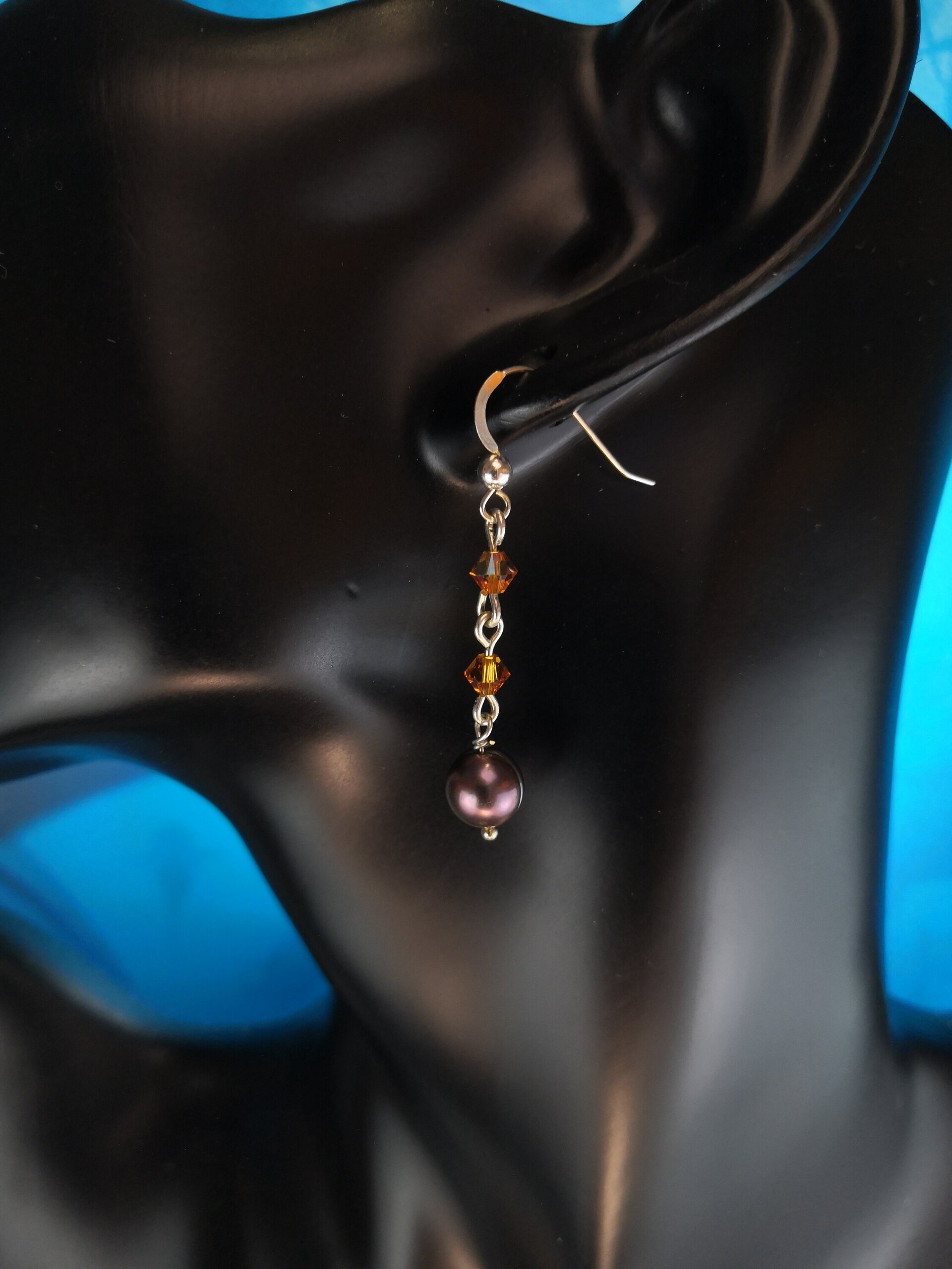 Pendientes de Plata de Ley con Perla Negra y Cristales Swarovski Naranjas - 2