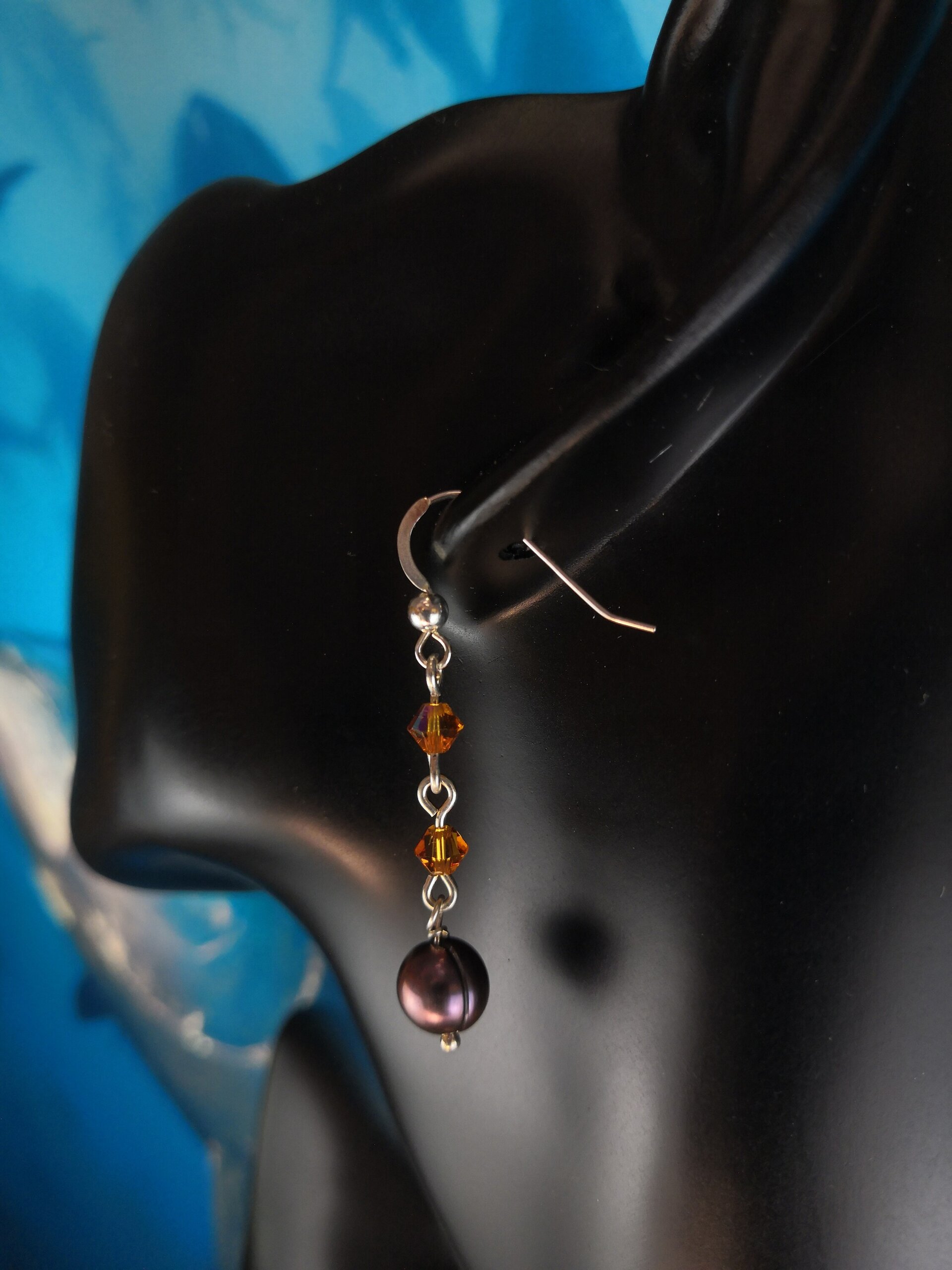 Pendientes de Plata de Ley con Perla Negra y Cristales Swarovski Naranjas - 3