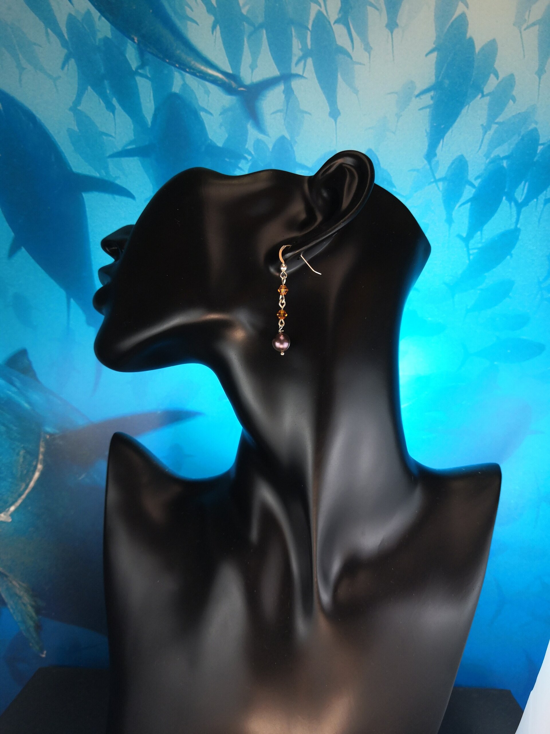 Pendientes de Plata de Ley con Perla Negra y Cristales Swarovski Naranjas - 4
